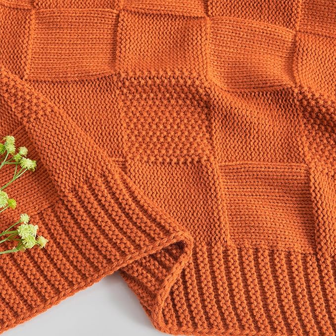 CozeCube Check Knit Throw Blanket, Rust Orange Checkered Throw for Couch, Decorative Christmas Soft Cozy Warm Knitted Blanket for Bed Sofa Living Room, 50"X60"