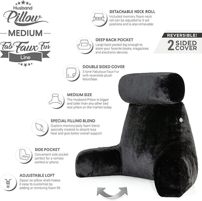 Husband Pillow Medium Limited Baby Black Panther Backrest, 2-Tone Reversible Double Sided Fabulous Faux Fur Reading & Bed Rest Pillow with Arms & Neck Roll, Adjustable Memory Foam - Extremely Comfy