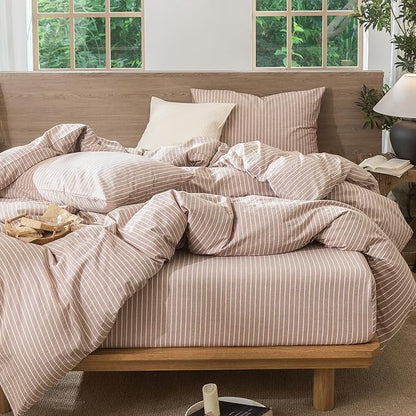 MooMee Striped Duvet Cover Set 100% Washed Cotton Linen Like Textured Breathable Durable Soft Comfy (Orange White Wide Stripes, Twin 68"x90")