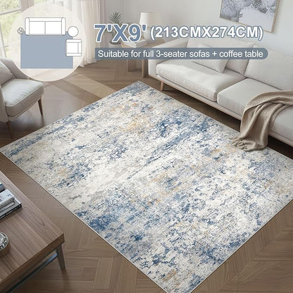 Area Rug Living Room Rugs - 7x9 Abstract Large Soft Indoor Washable Rug Neutral Modern Low Pile Carpet for Bedroom Dining Room Farmhouse Home Office - Blue