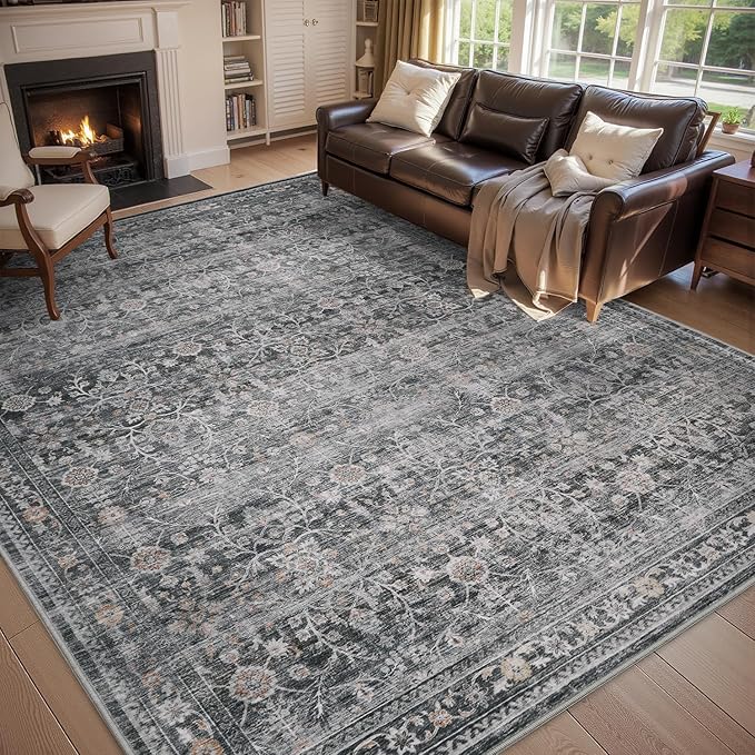 MontVoo-Vintage Area Rug 9X12 Grey Rugs for Living Room-Soft Distressed Printed Rugs for Bedroom-Non Slip Carpet-Machine Washable Rug for Dining Room Living Room Bedside Office