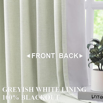 Vision Home Green Linen Full Blackout Curtains for Bedroom Living Room Darkening Soundproof Window Curtains 102 inch Thermal Insulated Rod Pocket Back Tab Linen Drapes 2 Panels 56" Wx102 L