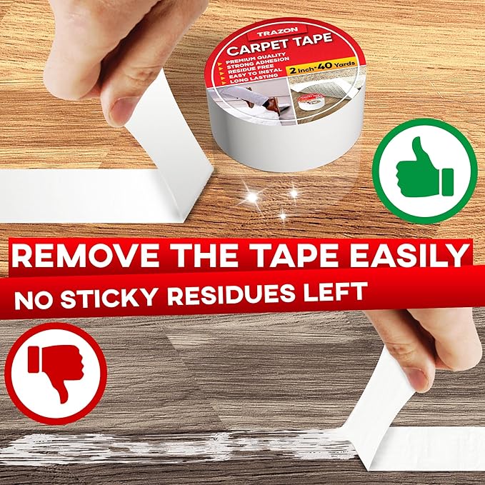 Carpet Binding Tape Double Sided - 2 In / 120 Ft (40 Yards) Tape Grippers for Hardwood Floors and Area Rugs - Strong Adhesive and Removable, Heavy Duty Stickers, Residue Free
