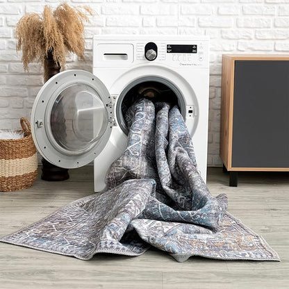 Bloom Rugs Washable 4' x 6' Rug - Slate Gray/Blue Traditional Area Rug for Living Room, Bedroom, Dining Room, and Kitchen - Exact Size: 4' x 6'