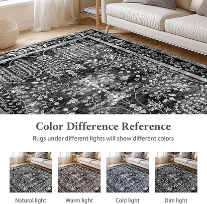 Area Rugs 6x9, Machine Washable Rugs 6x9 Black Large Rug Indoor Floor Non Silp Carpet Distressed Vintage Rug for Bedroom Dining Room Home Office | Black