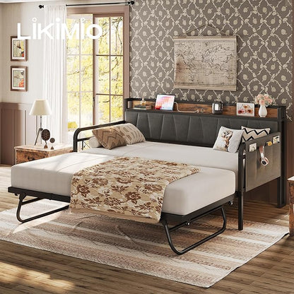 LIKIMIO Daybed with Trundle Bed, Twin Bed Frame with Storage Headboard and Charging Station, Sofa Day Bed with Strong Supports for Living Room, Bedroom, and Guest Room, Grey