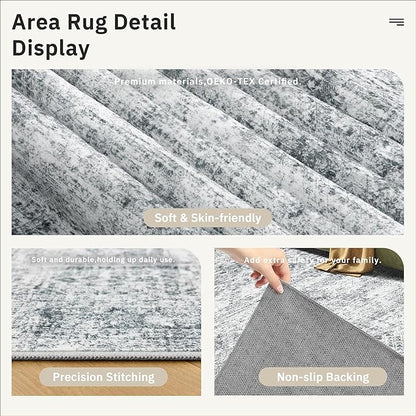 12x15 Washable Area Rug Gray Neutral Abstract Living Room Large Carpet Non Slip Bedroom Indoor Office Dining Room Low Pile Thin Grey Rug