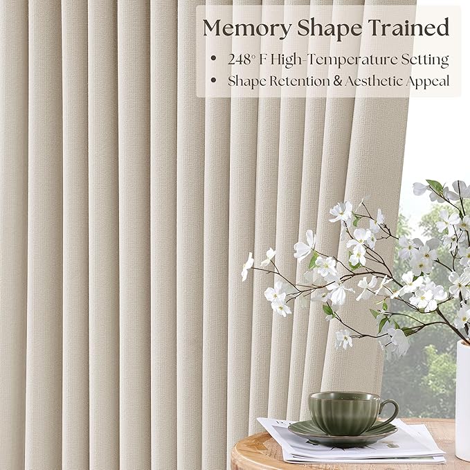 Pinch Pleat Extra Long 120 Inch Blackout Curtains for Living Room 2 Panels Set 100% Black Out Flax Burlap Natural Beige Cream White Pleated Drapes Room Darkening Luxury High Ceiling Windows Curtain