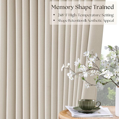 Pinch Pleat Extra Long 120 Inch Blackout Curtains for Living Room 2 Panels Set 100% Black Out Flax Burlap Natural Beige Cream White Pleated Drapes Room Darkening Luxury High Ceiling Windows Curtain