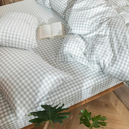 MooMee Gingham Duvet Cover Set 100% Washed Cotton Linen Like Textured Breathable Durable Soft Comfy Modern Checkered Design (Northern Droplet Grey Gingham, Super Queen 90"x98")