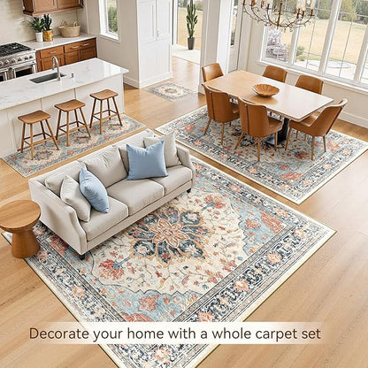Area Rugs 10'x12' Washable Non-Slip, Floral Vintage Distress Print Pattern Medallion Carpet for Living Room Bedroom Dining Room, Beige Navy Blue Orange Colorful