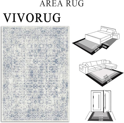 3x5 Rug, Small Area Rug for Living Room, Bedroom, Kitchen, Machine Washable Non-Slip Throw Rug, Vintage Distressed Floral Carpet for Entryway Nursery Dinner Room - Durable (Blue)