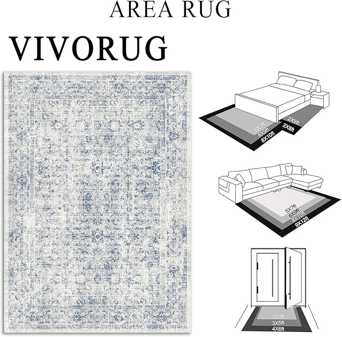 4x6 Rug, Small Area Rug for Living Room, Bedroom, Kitchen, Machine Washable Non-Slip Throw Rug, Vintage Distressed Floral Carpet for Entryway Nursery Dinner Room - Durable (Blue)