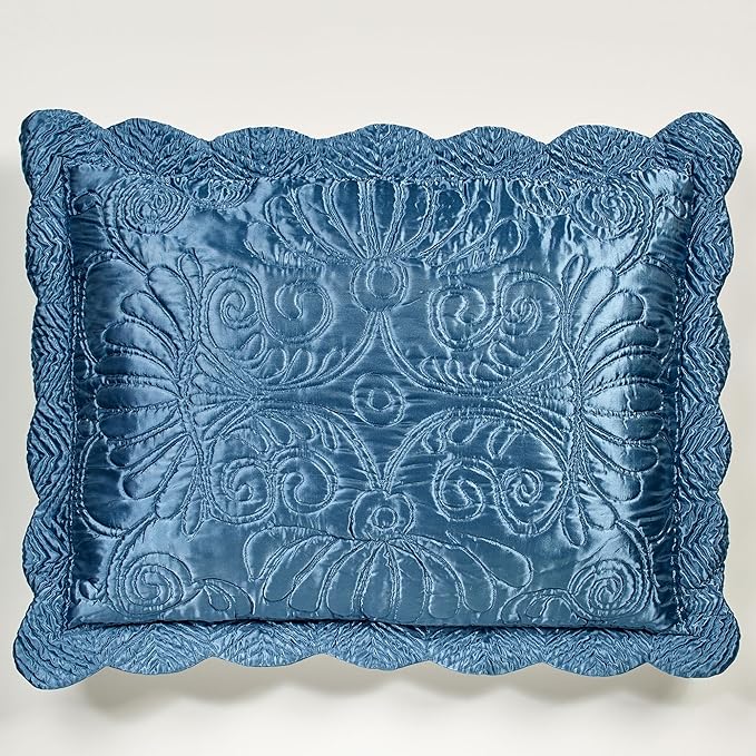 Touch of Class Portia Luxury Bedding | Rich Sapphire Blue | Premier Quilted Polyester Satin | Hand Guided Machine Quilted Scroll Design 3 Piece Set: Full Oversized Bedspread & 2 Standard Shams