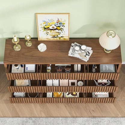 Fluted Long 9 Drawer Dresser, Large Mid Century Dresser for Bedroom, 58" Wide Vintage Chest of Drawers, Wood Closet Clothes Organizer, Walnut TV Stand for Living Room, Wooden, Brown