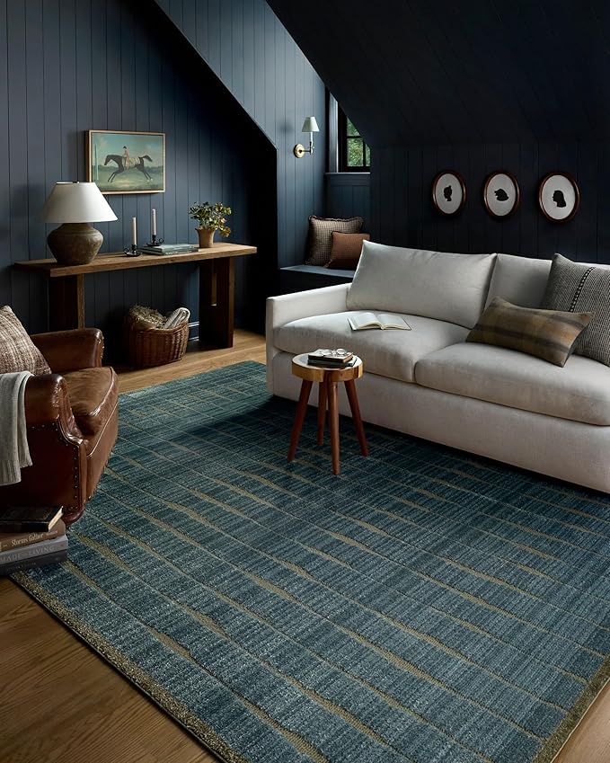 Loloi Chris Loves Julia Calvin Collection CLV-02 Ocean/Olive 2'-7" x 10'-0" Runner Rug Checkered Neutral Soft Living Room Bedroom Carpet