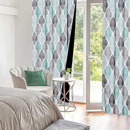 Beauoop 100% Blackout Curtains 84 Inches Long 2 Panels for Bedroom Living Room Aqua Grey Moroccan Geo Room Darkening Thermal Insulated Soundproof Rod Pocket Back Tab Window Treatments Drapes, 50x84