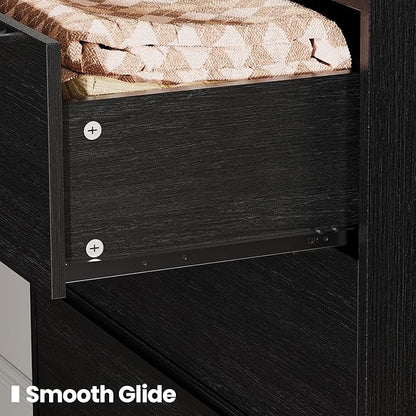 48" Tall Black Dresser for Bedroom, Modern 5 Drawer Chest of Drawers with Wood Grain Finish, Slim Vertical Storage Cabinet with Raised Edge Top, Anti-Tip Kit