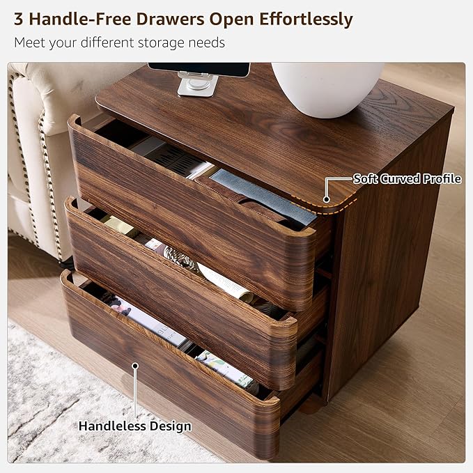 ACCOHOHO 22" Modern Nightstand Set of 2 with Charging Station, Push-to-Open Handleless 3-Drawer Bedside Table, Large End Table with Storage, Night Stand for Bedroom, Living Room, Curved Profile, Brown