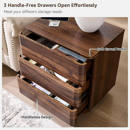 ACCOHOHO 22" Modern Nightstand Set of 2 with Charging Station, Push-to-Open Handleless 3-Drawer Bedside Table, Large End Table with Storage, Night Stand for Bedroom, Living Room, Curved Profile, Brown