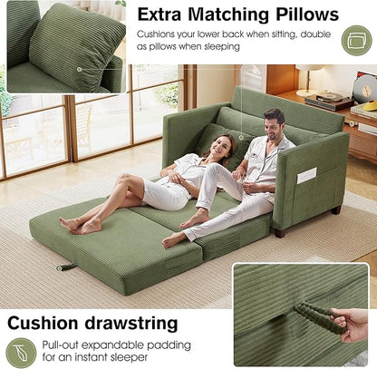 51" Loveseat Sleeper Sofa Bed, Corduroy Convertible Floor Sofa Bed for Small Spaces, Folding Couch Bed with Deep Seat, 2 Pillows & Solid Frame, Pull Out Floor Couch for Living Room, Green