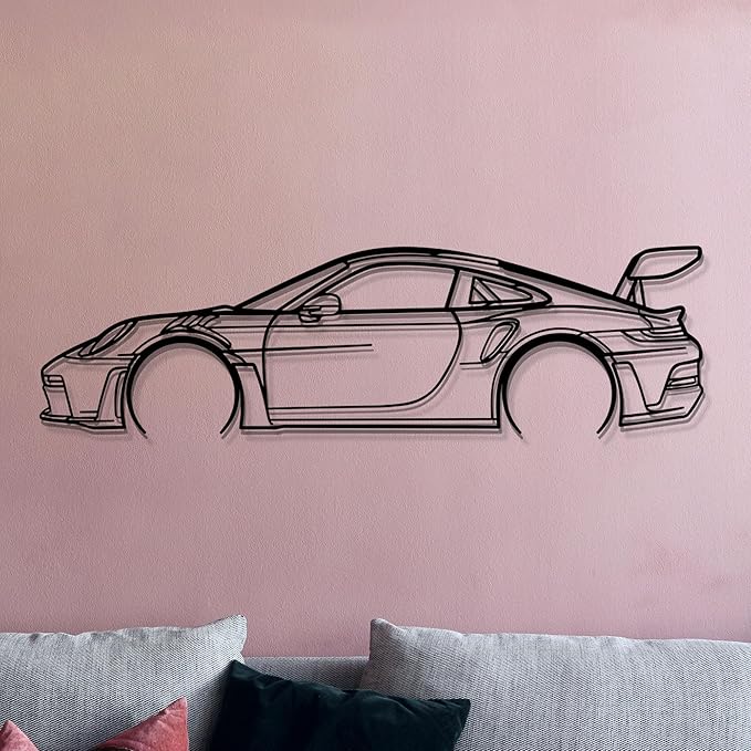 Dekory Car Wall Art – 911 GT3 RS (992) Black Metal Sports Car Silhouette, Modern Industrial Automotive Wall Decor for Garage, Living Room or Bedroom – 24 Inch (S)