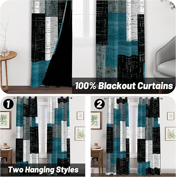Rustic Blue Grey 100% Blackout Curtains for Bedroom 84 inch Long 2 Panels Set Gray Modern Abstract Geometric Black Out Curtains Insulated Room Darkening Window Drapes for Living Room, 52Wx84L