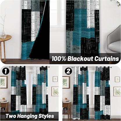 Rustic Blue Grey 100% Blackout Curtains for Bedroom 84 inch Long 2 Panels Set Gray Modern Abstract Geometric Black Out Curtains Insulated Room Darkening Window Drapes for Living Room, 52Wx84L