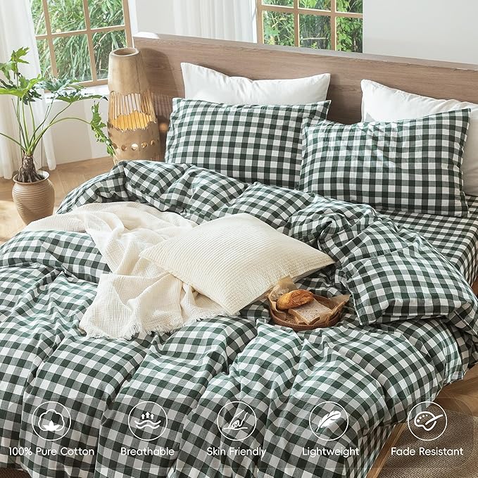MooMee Gingham Duvet Cover Set 100% Washed Cotton Linen Like Textured Breathable Durable Soft Comfy Modern Checkered Design (Buffalo Plaid Forest Green, Queen 90"x90")