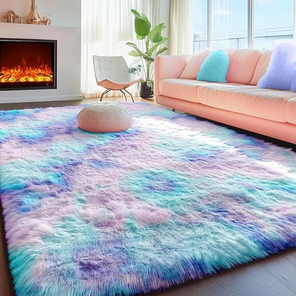 PAGISOFE Furry Rainbow Rugs for Bedroom Girls, 2x3 Soft Purple Shag Tent Rugs for Livingroom, Kids Room, Nursery, Home Decor, Fluffy Fuzzy Carpet, Plush Mermaid Kawaii Throw Rug, Accent Rug
