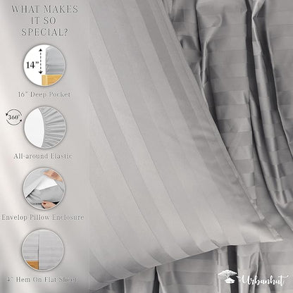 URBANHUT 800 Thread Count 100% Cotton Damask Twin Size Sheets, 4 Piece Striped Twin Size Bedsheets, Luxury Hotel Sheets Sateen Weave - Better Than Egyptian, 14" Elasticized Deep Pocket- Silver Grey