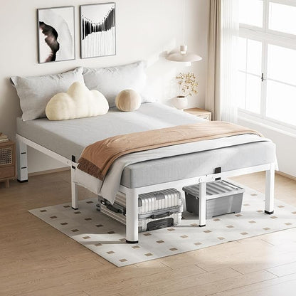 12 Inch White Queen Bed Frame, 3500Lbs Heavy Duty Metal Platform with Round Corner Legs Mattress Slide Stopper, Steel Slat Support No Box Spring Needed, Noise Free, Non-Slip, Easy Assembly