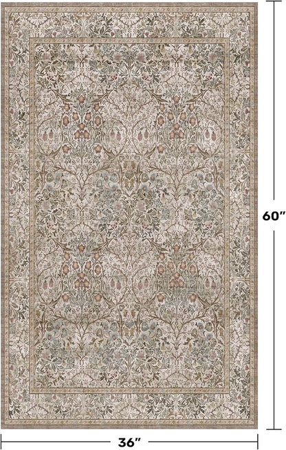 Vintage Moss Green Entryway Rug, 3x5 Washable Area Rugs for Kitchen, Bathroom, Bedroom, Boho Oriental Low Pile Stain Resistant Non-Slip Small Throw Rug