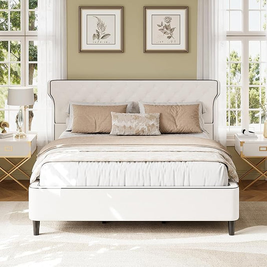 Christopher Knight Home Salus Linen Upholstered King Size Bed Frame with Headboard, Modern King Bed Frame and Headboard, Wooden Slats Support, Easy Assembly, No Box Spring Needed, Beige
