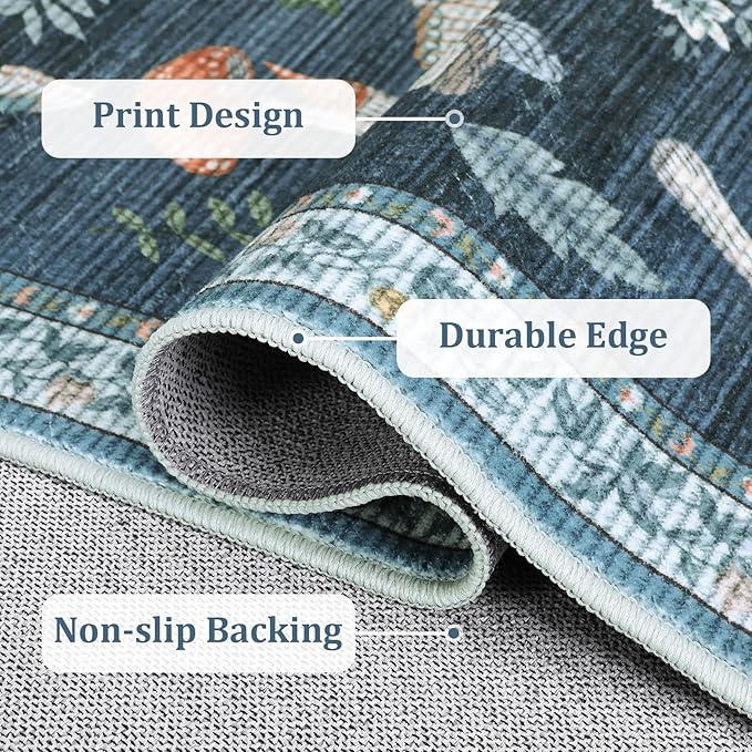 Mushroom Insect 6ft Round Rug Washable Non-Slip Soft Ultra-Thin Boho Circle Carpet for Living Room Bedroom Kitchen Nursery Dining Room Blue