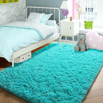 PAGISOFE Soft Fluffy Teal Area Rugs for Bedroom Kids Room Living Room Rug Shag Furry Carpet for Boys Girls Room Modern Plush Decorative Nursery Rugs Solid Accent Floor Rugs Dorm 4' x 6', Blue