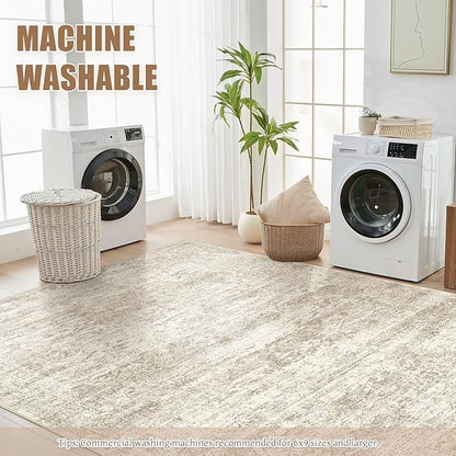 Area Rug Living Room Rugs - 8x10 Abstract Large Soft Indoor Washable Rug Neutral Modern Low Pile Carpet for Bedroom Dining Room Farmhouse Home Office - Vintage Beige