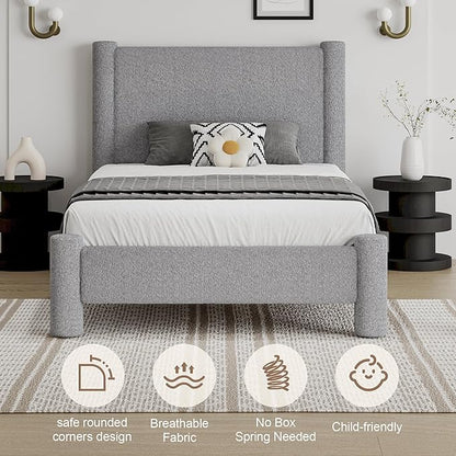 Twin Size Bed Frame, Boucle Upholstered Platform Bed with Headboard and Footboard, Soft Rounded Corners, No Box Spring Required, Easy Assembly, Light Grey