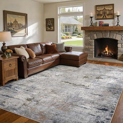 Area Rug Living Room Rugs - 10x12 Washable Large Soft Indoor Neutral Modern Abstract Low Pile Rug Carpet for Bedroom Dining Room Farmhouse Home Office - Blue/Grey/Brown