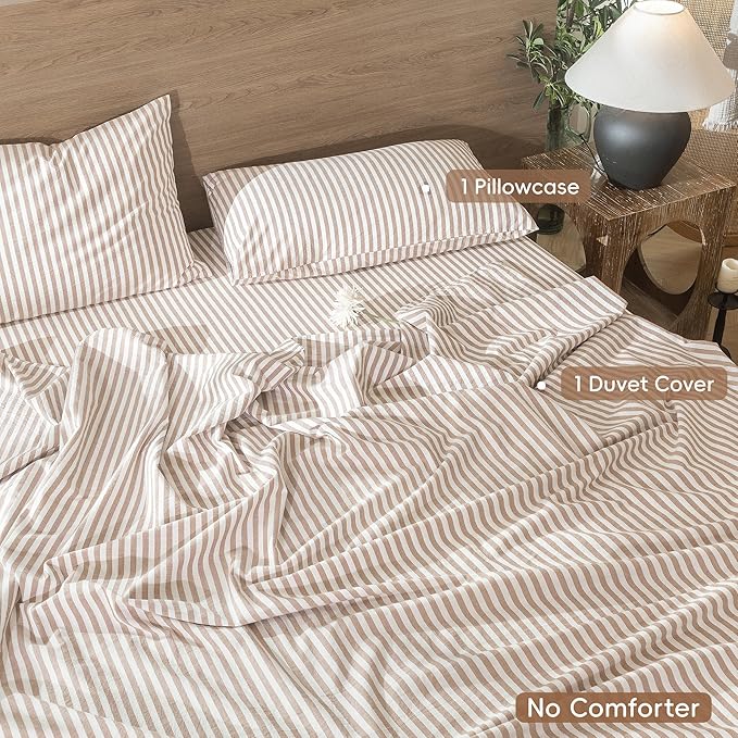 MooMee Striped Duvet Cover Set 100% Washed Cotton Linen Like Textured Breathable Durable Soft Comfy (Orange Classic Stripes, Twin 68"x90")
