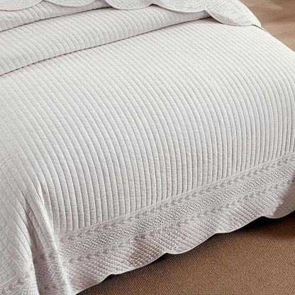 MarCielo 100% Cotton Quilt Set White Lightweight Bedspread with Scalloped Edge, Farmhouse Vintage Bedding, All Season Use(TC Off-White,King (112"x102"))