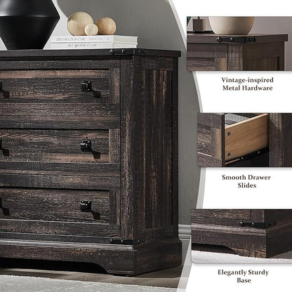 T4TREAM 32" Farmhouse Nightstand with Charging Station, Large End Table with 3 Storage Drawers, Rustic Wood Bedside Table for Bedroom, Living Room, Dark Rustic Oak