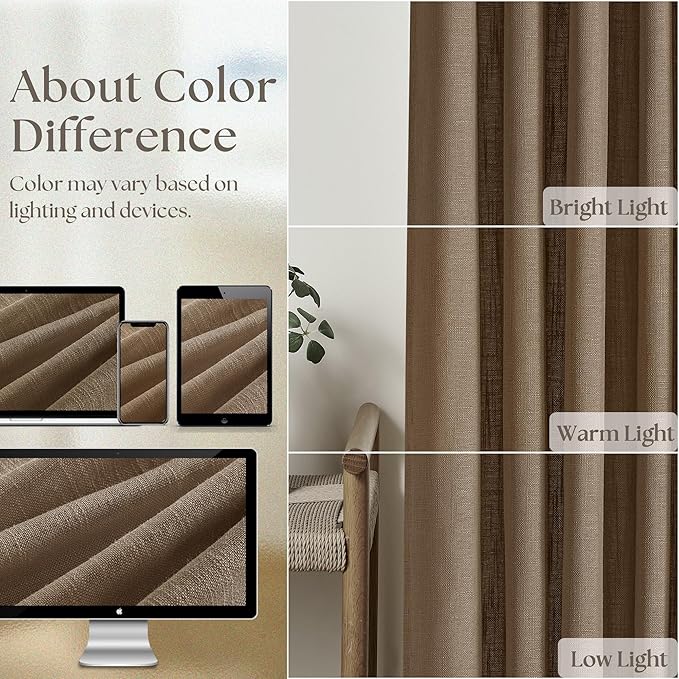 Brown 80 Inch Pinch Pleated Linen Curtains 2 Panels Set for Living Room Bedroom Boho Farmhouse Light Filtering Semi Sheer Back Tab Pinch Pleat Hooks Rings Window Curtain 80 Inches Long Dutch Cocoa