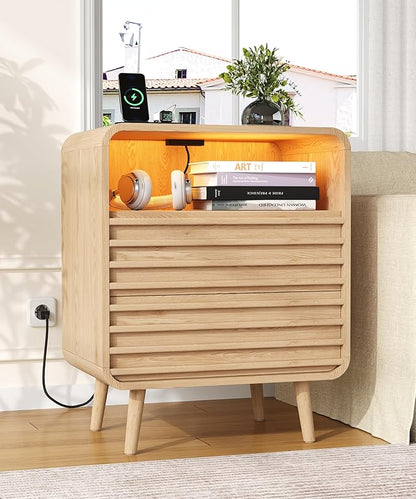 22.4"W Fluted Night Stand with 2 Drawers and Opening Shelf, RGB Nightstand with Charging Station, Wooden Bedside Table with Solid Wood Legs, End Table for Bedroom, Curved Profile Design, Natural Oak