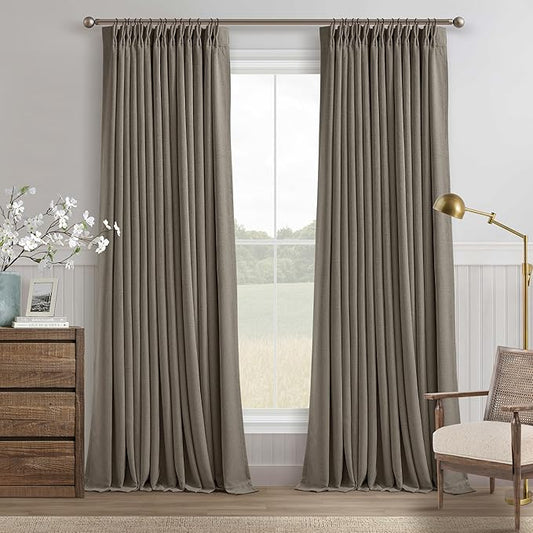 Flax Taupe Pinch Pleated Blackout Curtains 102 Inches Long for Bedroom 100% Black Out Thick Linen Dual Layer Pleated Drapes Farmhouse Country Brownish Gray 102 Inch Curtain for Dining Living Room