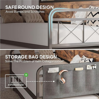 LIKIMIO Twin Daybed with Trundle Bed, Storage Headboard with Charging Station, Sofa Day Bed with Strong Supports for Living Room, Bedroom, and Guest Room, Industrial Brown