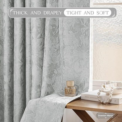 Beauoop Grey Floral Jacquard Blackout Curtains 63 Inches Long 2 Panels for Bedroom Living Room Chenille Flower Room Darkening Thermal Insulated Soundproof Rod Pocket Back Tab Window Drapes, 52x63