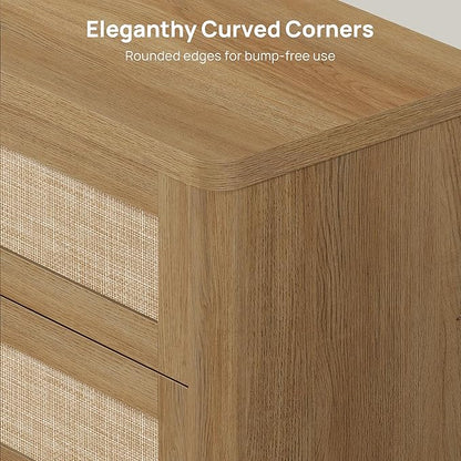 SICOTAS 26.8" Oversized Night Stand for Bedroom & Guest Room, Large 3-Drawer Rattan Nightstand, Boho Bedside Table End Table Storage Cabinet with Kid-Safe Rounded Edges & Push-Close Design, Amber Oak