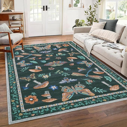 Mushroom 3x5 Rug Washable Non-Slip Small Indoor Rugs for Entryway with Rubber Back Soft Low-Pile Stain Resistant Foldable Carpet for Kitchen Bedroom Living Room Mat Black