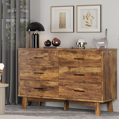 Dresser for Bedroom, 6 Drawer Wide Modern Chest of Drawers with X-Shaped Sturdy Base, Wood Double Dresser Closet Clothes Storage Organizer, Wooden TV Stand for Living Room, Hallway, Brown